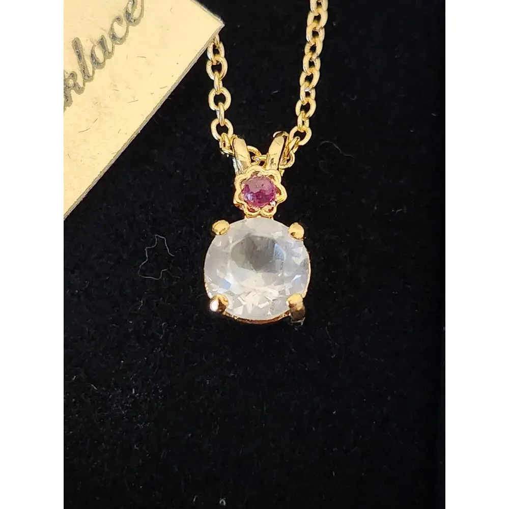 Van Doran Genuine Ruby Necklace Gold Tone‎ Chain Rhinestone In Original Box